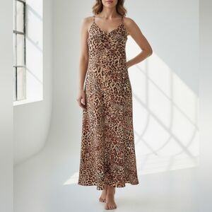 NEW Nicole Miller Leopard Print V-Neck Slip Maxi Dress